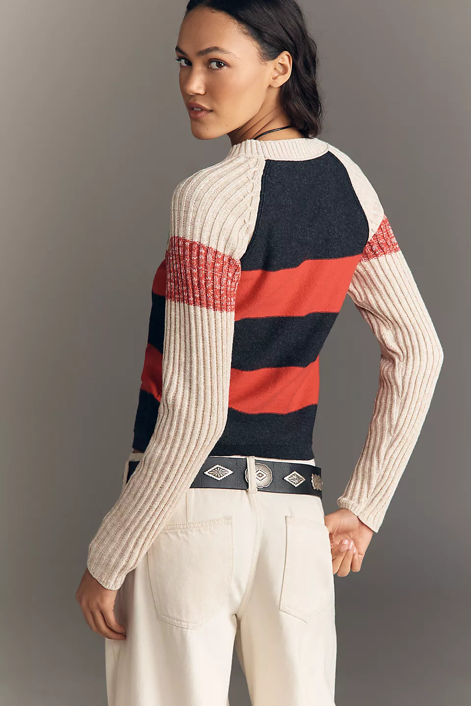Pilcro Ribbed Long-Sleeve Crew-Neck Rugby Sweater - Black Pattern - Size: Medium