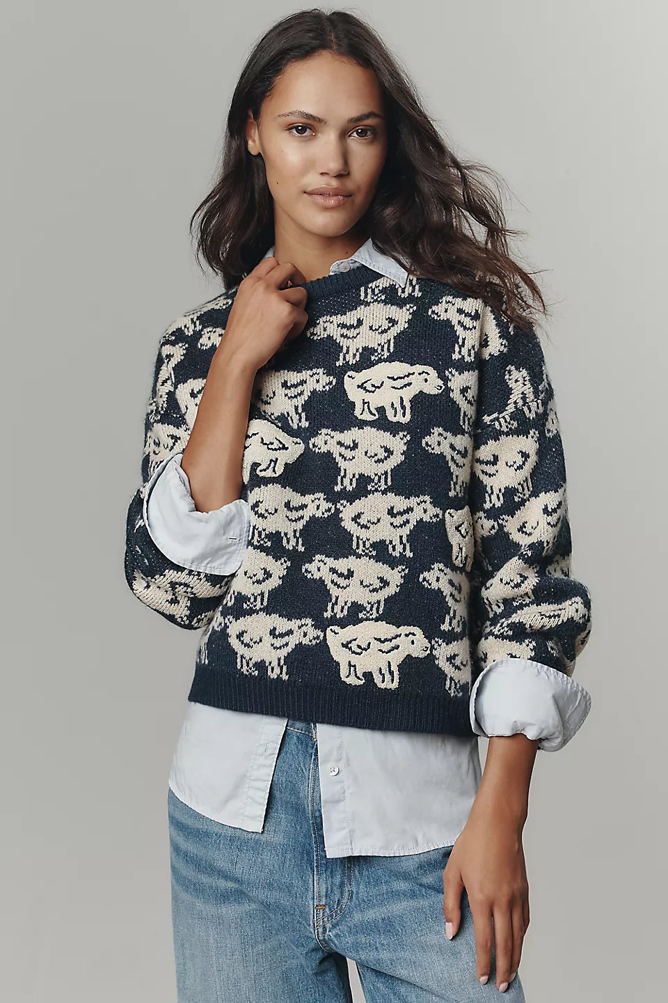 Maeve Crew-Neck Sheep Motif Sweater - Navy - Size XXS Petite