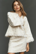 Maeve Shimmer Fringe Boxy Long-Sleeve Top - Ivory - Size Small