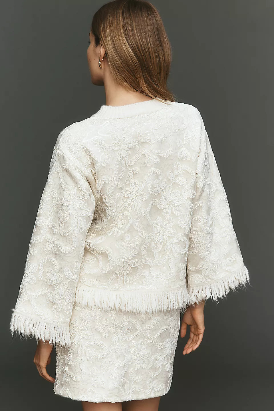 Maeve Shimmer Fringe Boxy Long-Sleeve Top - Ivory - Size Small