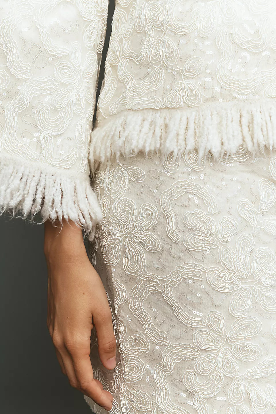 Maeve Shimmer Fringe Boxy Long-Sleeve Top - Ivory - Size Small