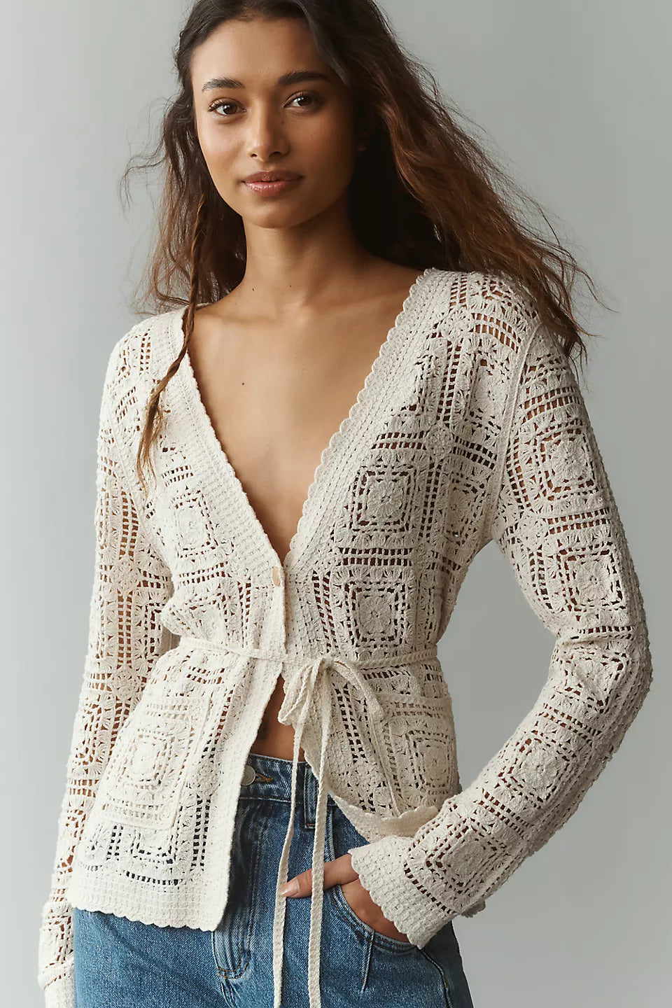Anthropologie NVLT V-Neck Crochet Knit Top Size M