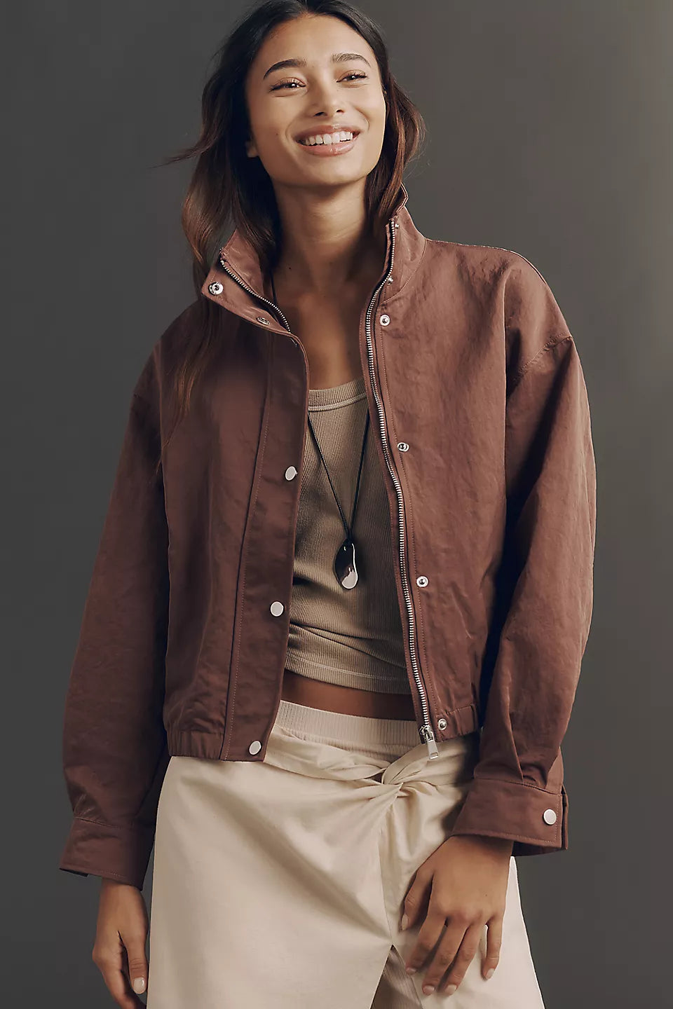 Pilcro Cohen Nylon Funnel-Neck Bomber Jacket from Anthropologie - Cocoa - Size Small