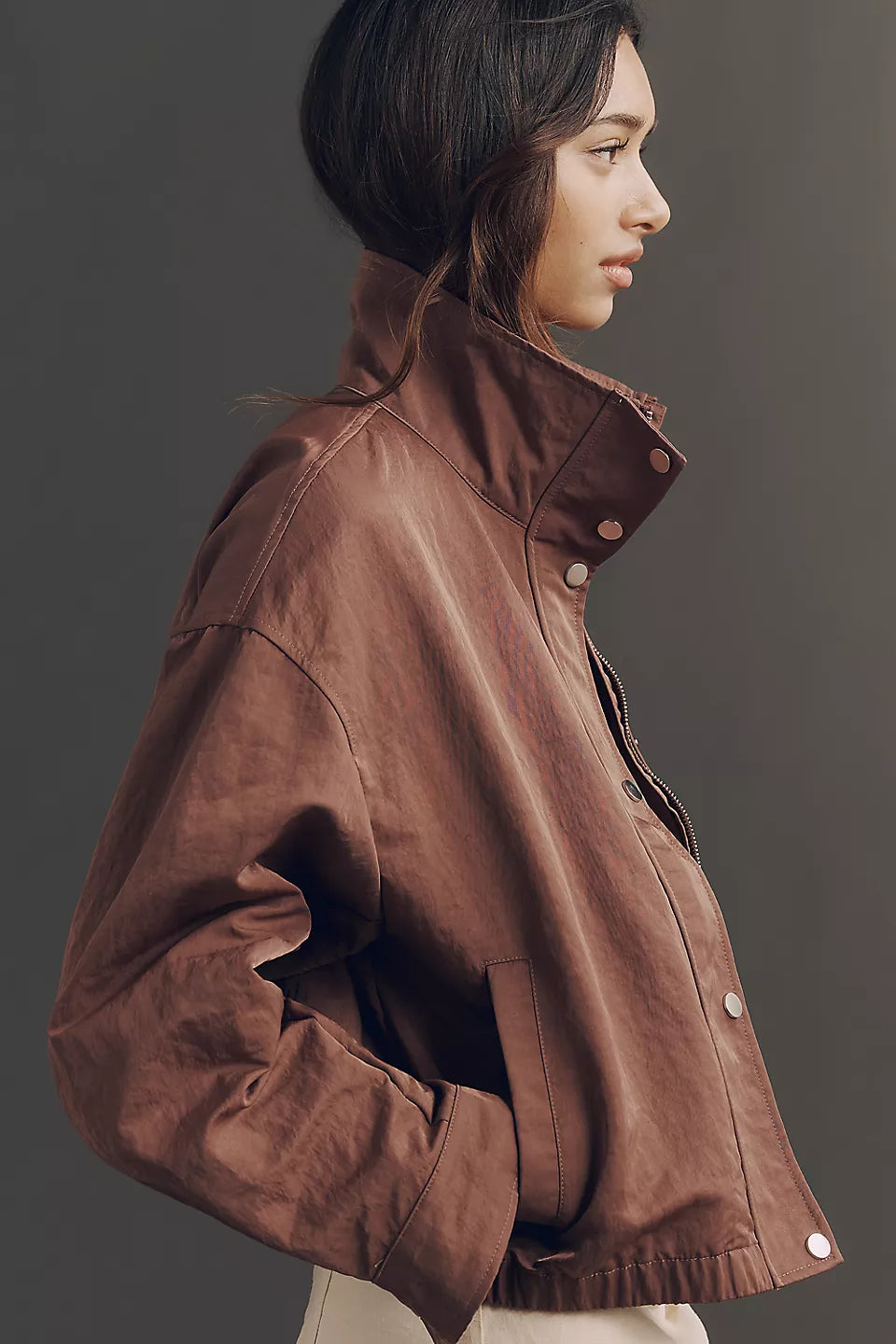 Pilcro Cohen Nylon Funnel-Neck Bomber Jacket from Anthropologie - Cocoa - Size Small