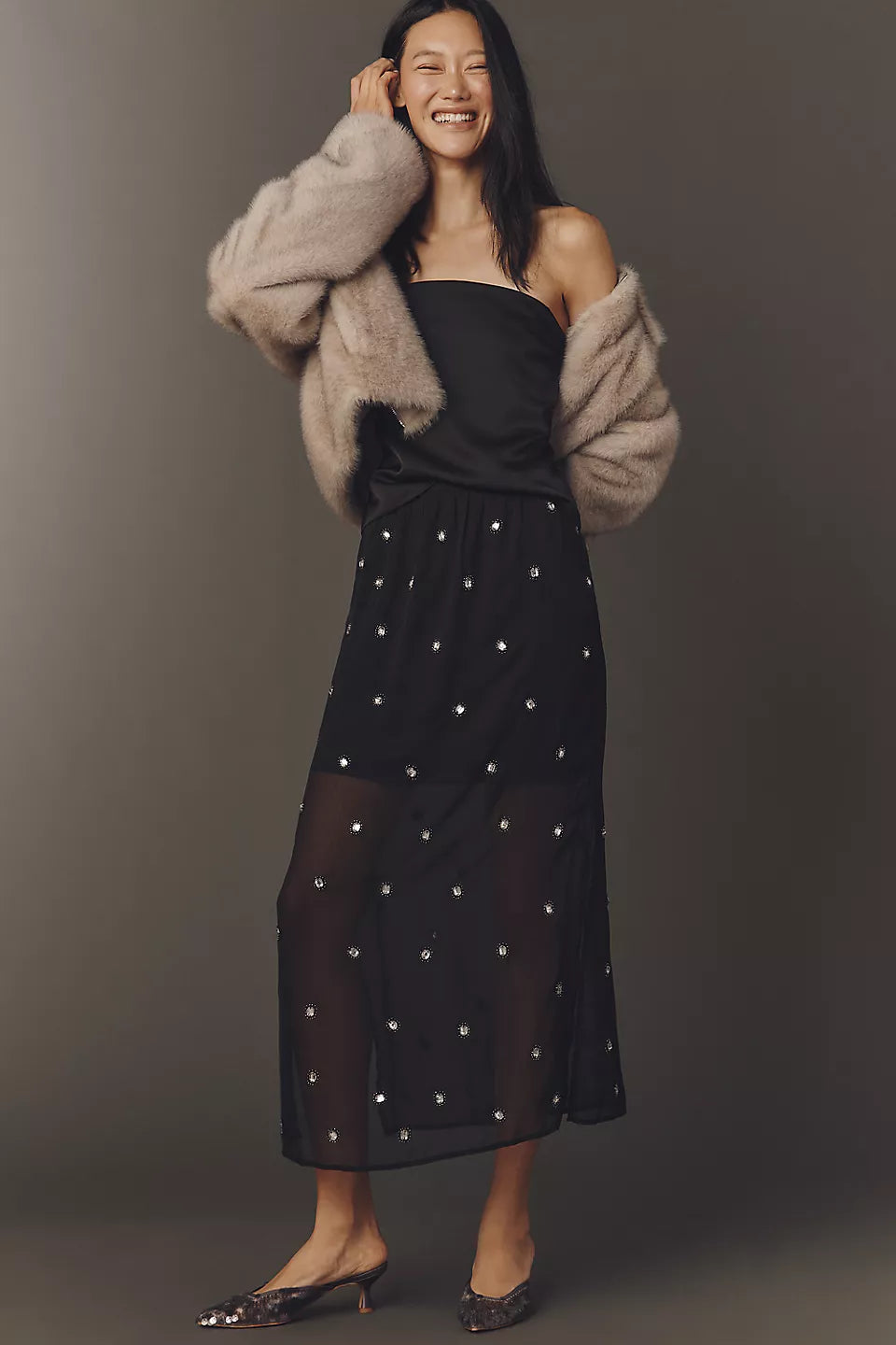 Anthropologie Sheer Shine Column Midi Skirt Black Size: M