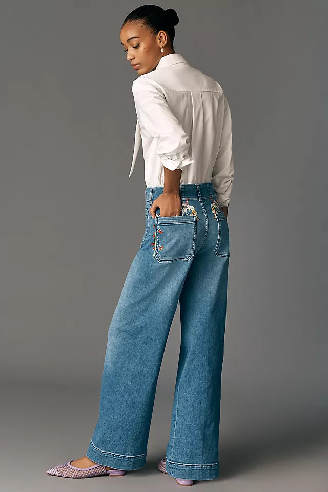 The Colette Full-Length Wide-Leg Embroidered Jeans by Maeve Size 34P