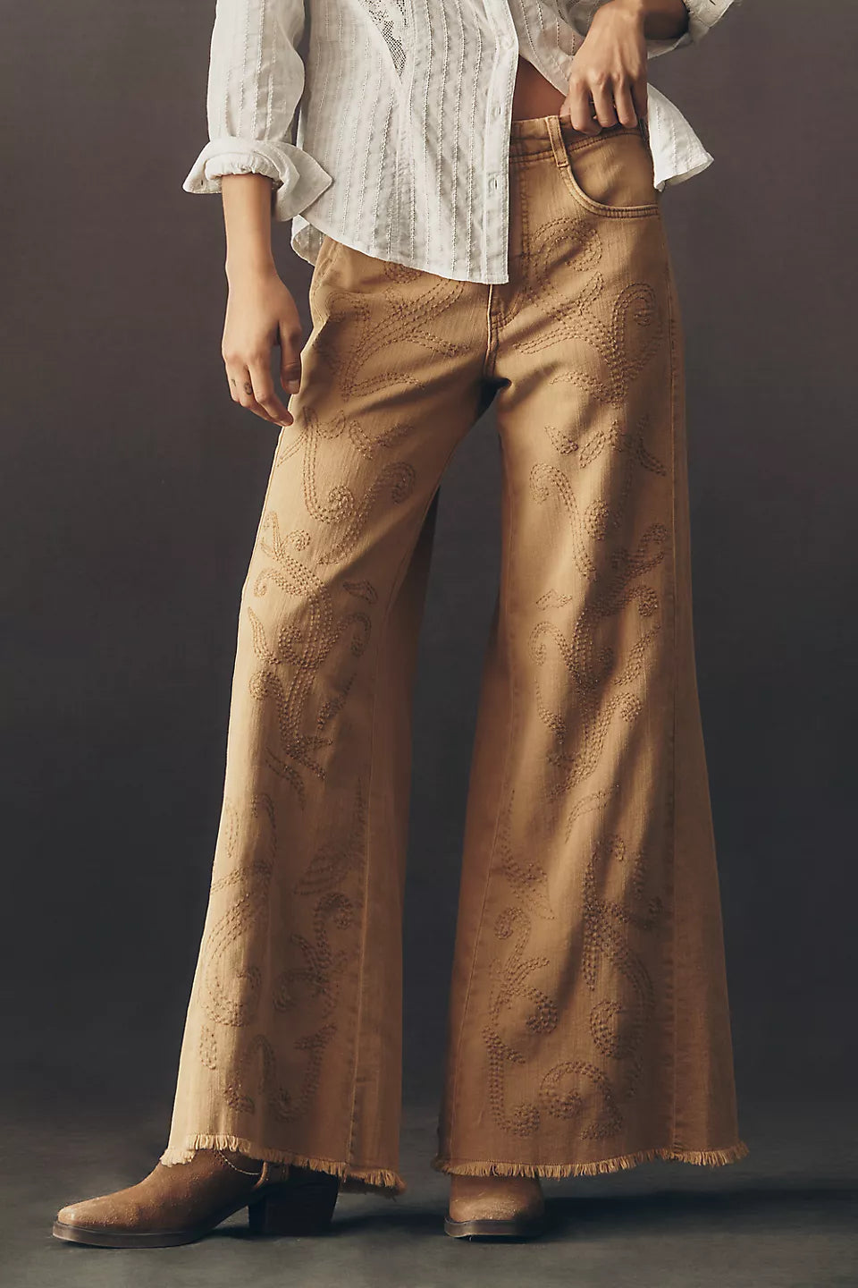 The Adi Embroidered Mid-Rise Flare Jeans by Pilcro