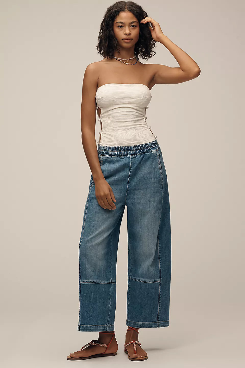 Pilcro Izzie Relaxed Pull-On Barrel Jeans - Medium Denim - Size Small Petite