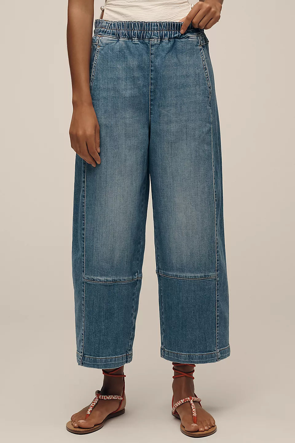 Pilcro Izzie Relaxed Pull-On Barrel Jeans - Medium Denim - Size Small Petite