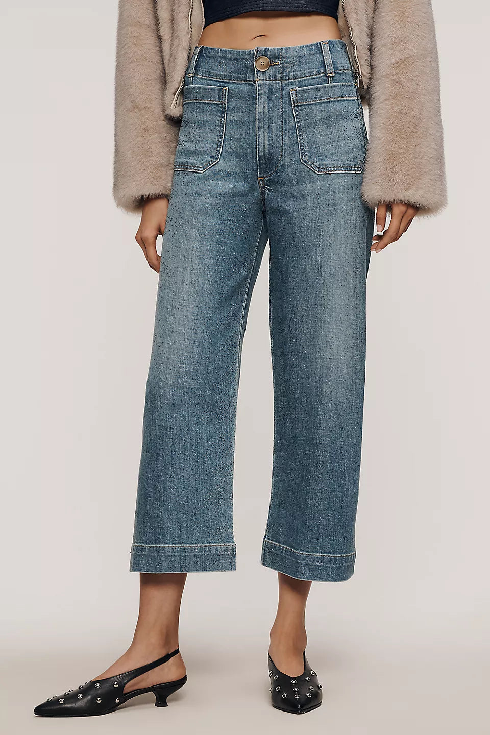 The Colette Sparkle Crop High-Rise Wide-Leg Jeans by Maeve Size: 31 Tall