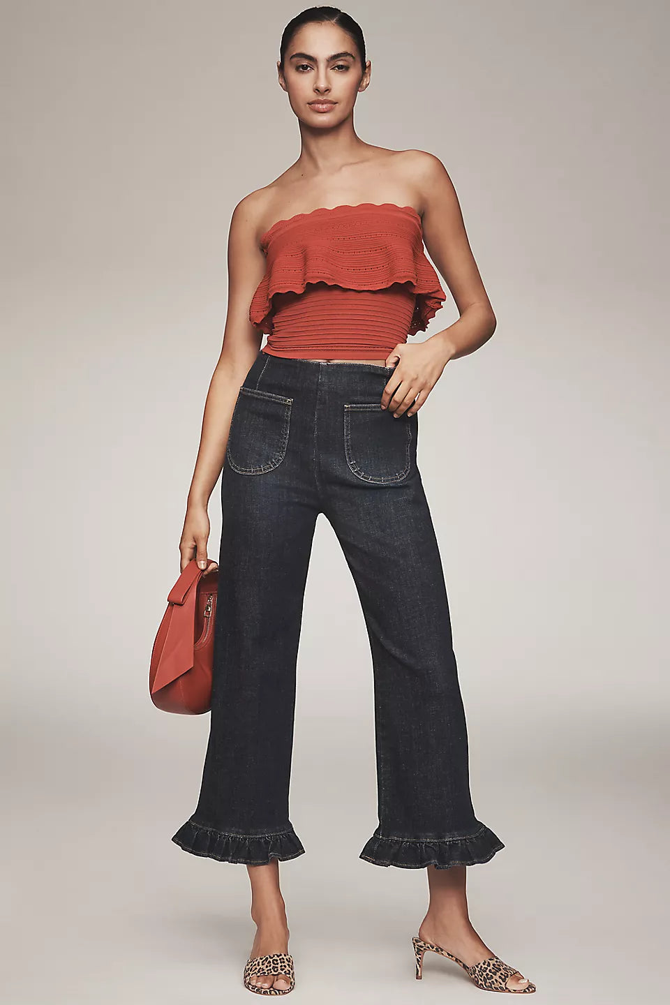 Maeve Colette Ruffle-Hem High-Rise Wide-Leg Cropped Jeans - Dark Denim - Size 24
