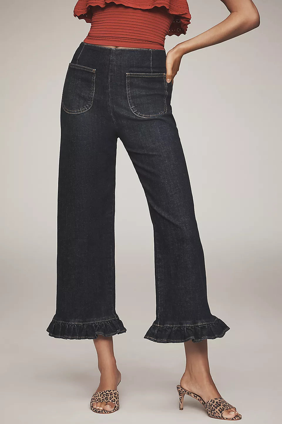 Maeve Colette Ruffle-Hem High-Rise Wide-Leg Cropped Jeans - Dark Denim - Size 24