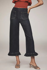Maeve Colette Ruffle-Hem High-Rise Wide-Leg Cropped Jeans - Dark Denim - Size 24