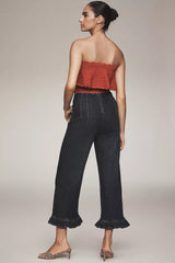 Maeve Colette Ruffle-Hem High-Rise Wide-Leg Cropped Jeans - Dark Denim - Size 24
