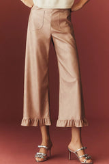 The Colette Crop Metallic Faux Leather Ruffle-Hem Pants by Maeve - Pink Metal - Size 30
