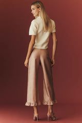 The Colette Crop Metallic Faux Leather Ruffle-Hem Pants by Maeve - Pink Metal - Size 30