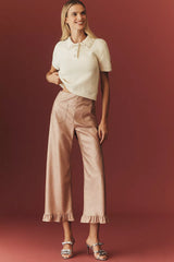 The Colette Crop Metallic Faux Leather Ruffle-Hem Pants by Maeve - Pink Metal - Size 30
