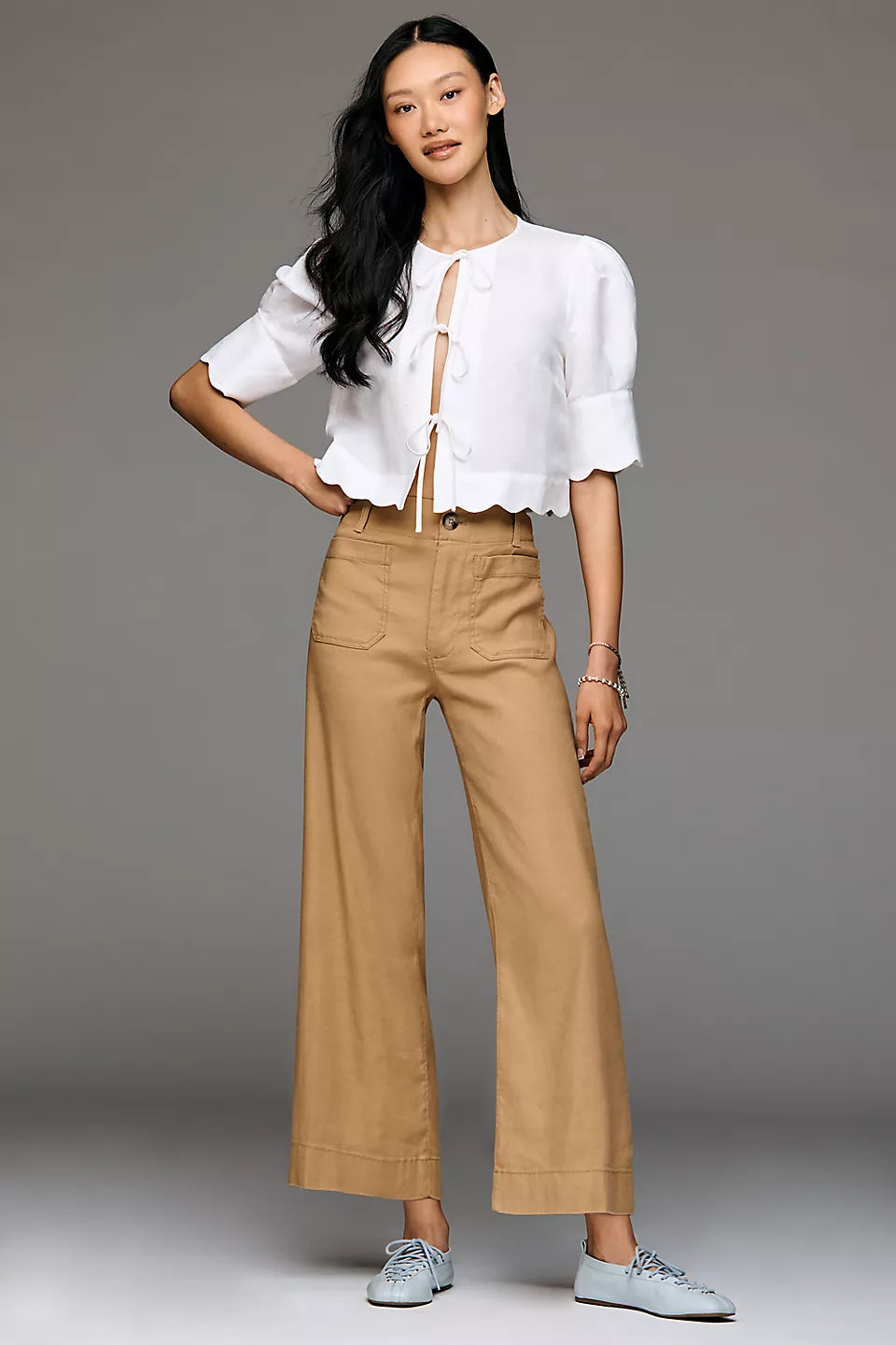 Colette Linen Stretch Wide Leg Pants by Maeve - Camel - Size 27