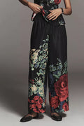 The Somerset Silky Printed Wide-Leg Pull-On Pants by Anthropologie - Floral/Black - Medium