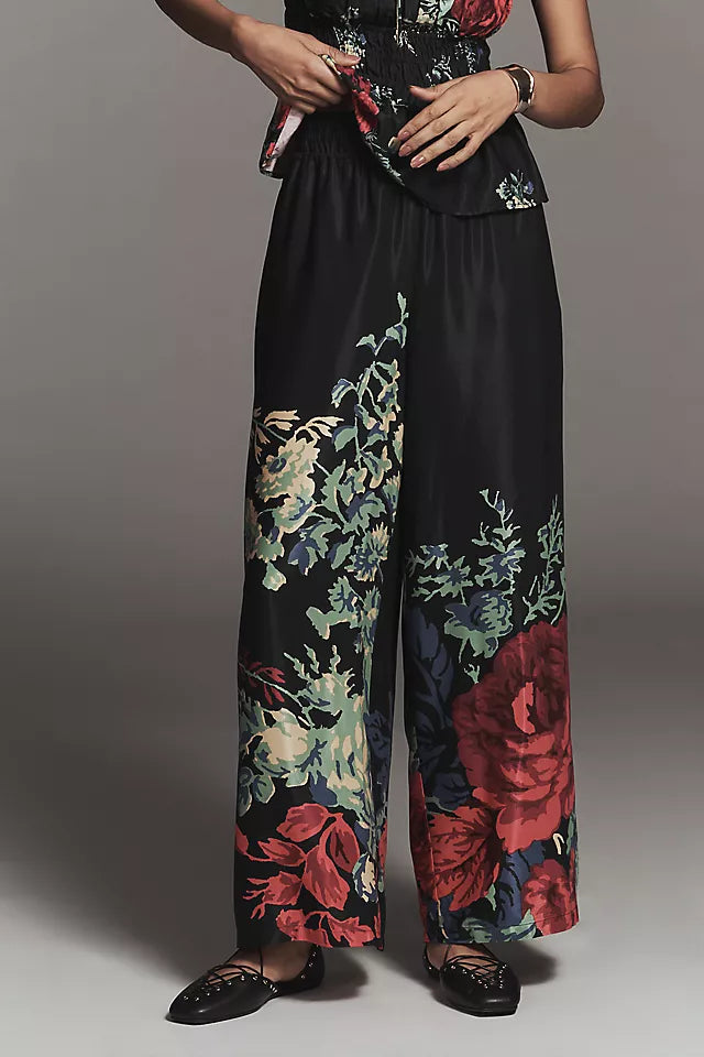 The Somerset Silky Printed Wide-Leg Pull-On Pants by Anthropologie - Floral/Black - Medium