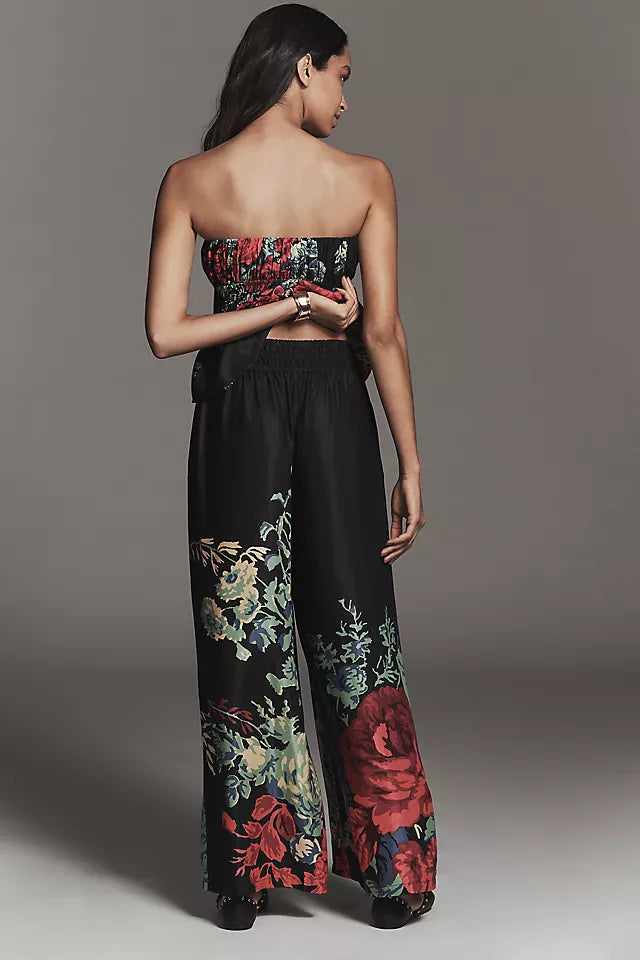 The Somerset Silky Printed Wide-Leg Pull-On Pants by Anthropologie - Floral/Black - Medium