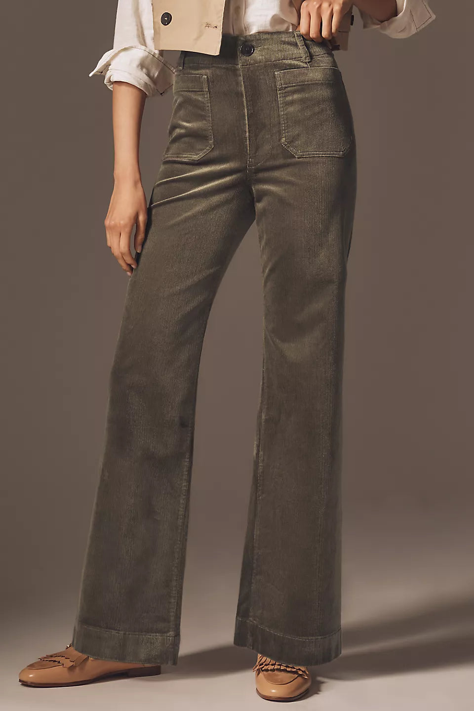 Anthropologie The Colette Corduroy Full-Length Wide-Leg Pants by Maeve Olive Size: 28P