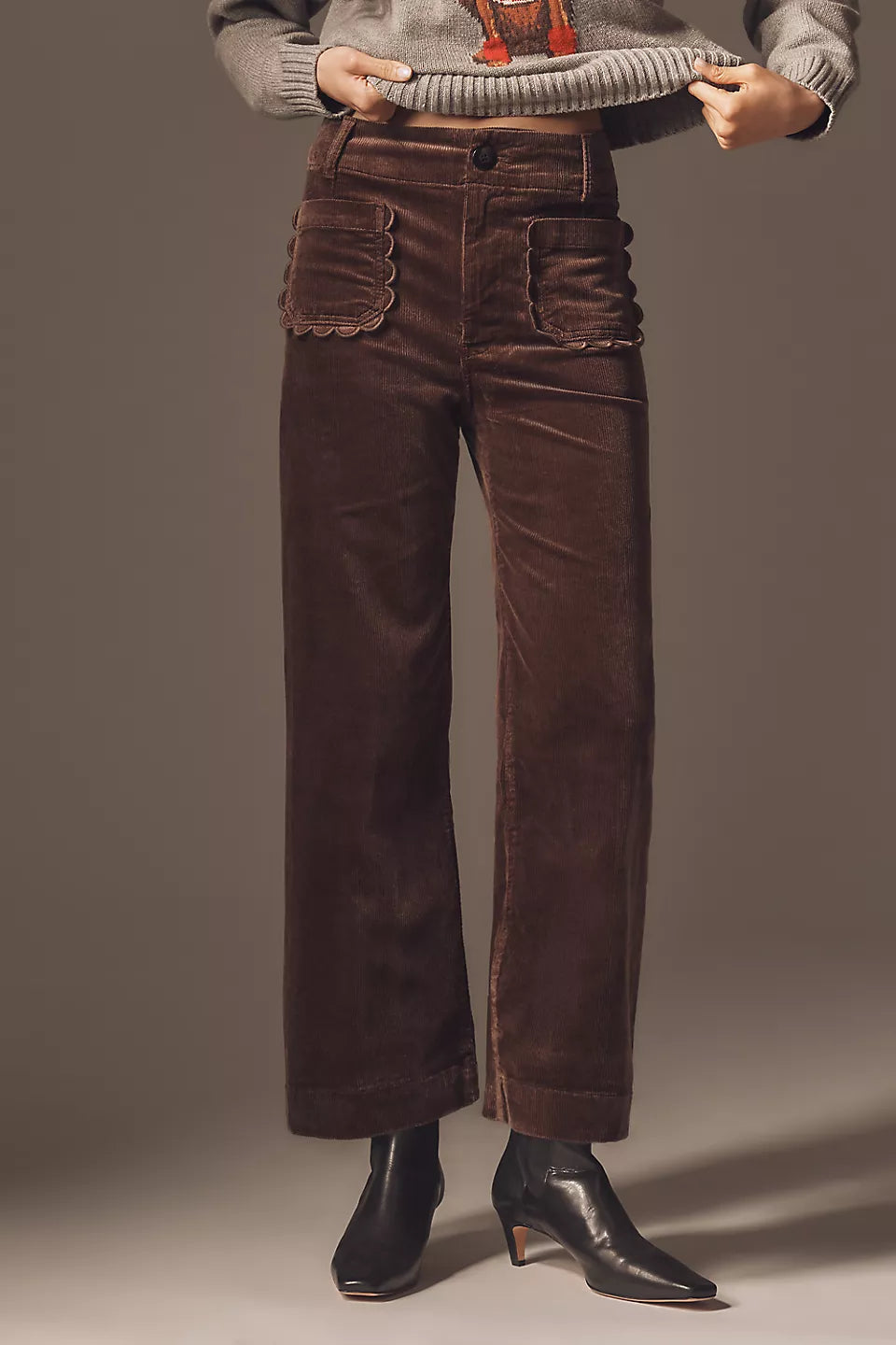 Anthropologie The Colette Scallop Pocket Corduroy Crop Wide-Leg Pants by Maeve Size: 31 Tall