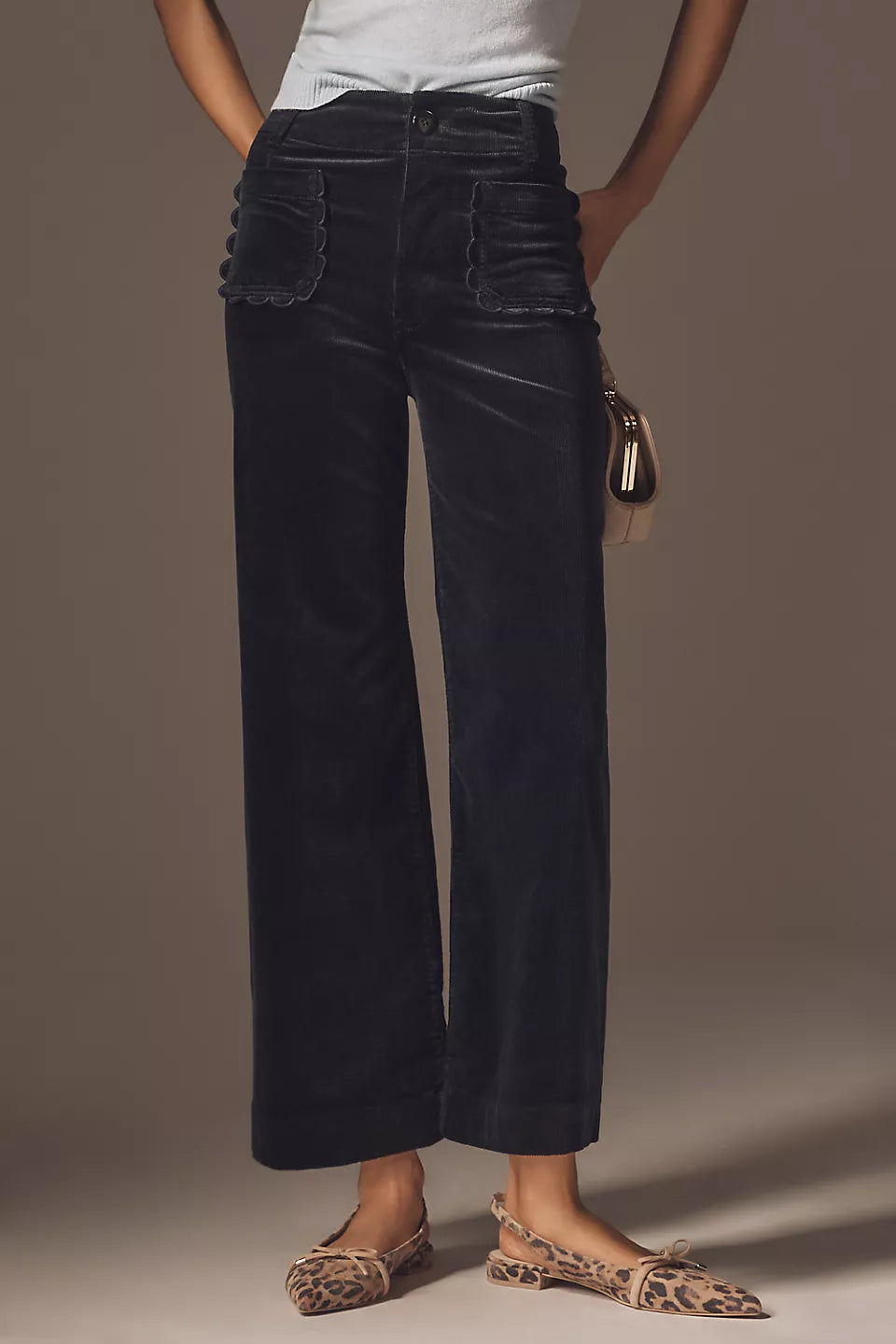 Anthropologie The Colette Scallop Pocket Corduroy Crop Wide-Leg Pants by Maeve Navy Size: 27 Petite