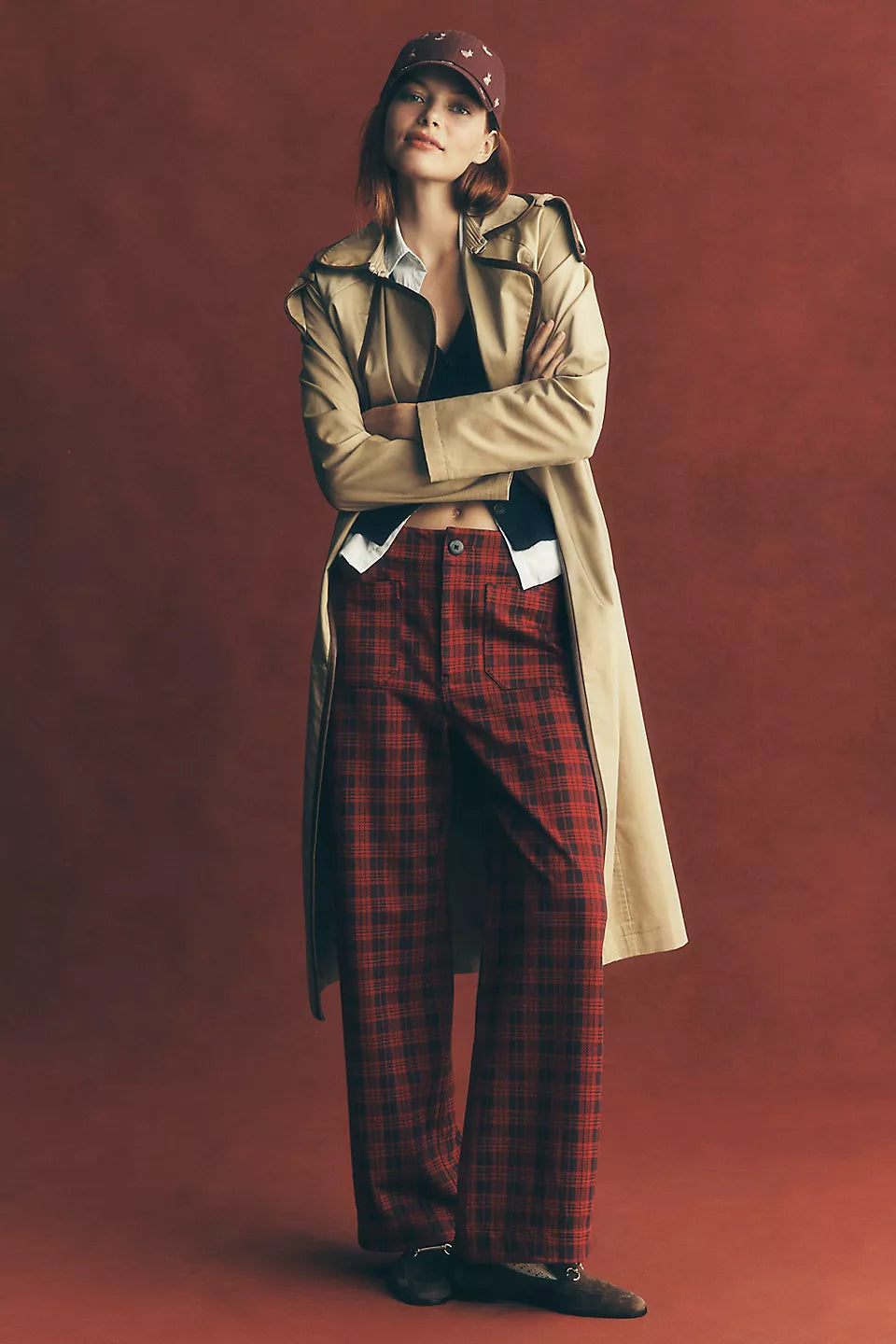 Maeve Colette Plaid High-Rise Wide-Leg Full-Length Pants - Cherry Combo - Size 27