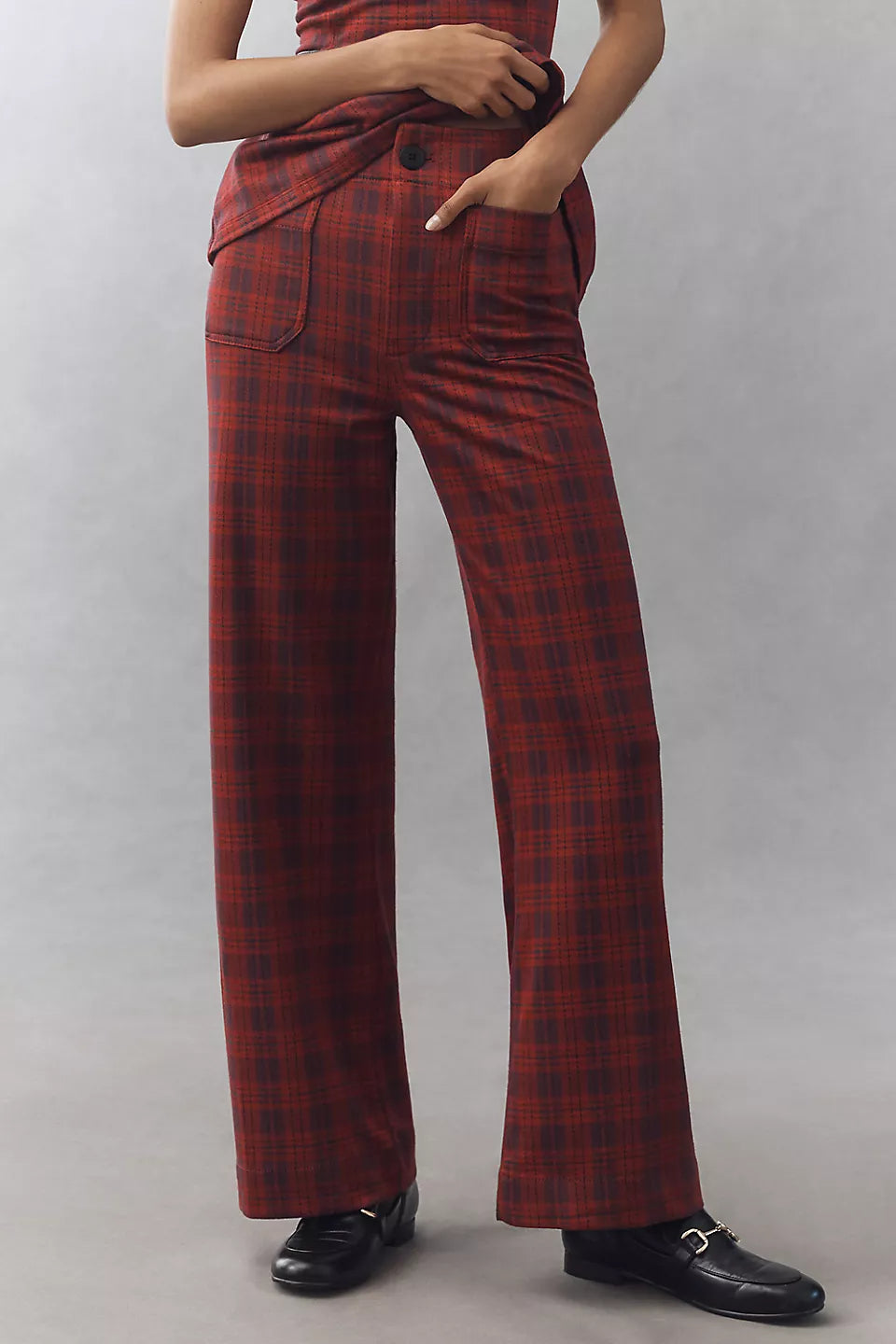 Maeve Colette Plaid High-Rise Wide-Leg Full-Length Pants - Cherry Combo - Size 28 Tall