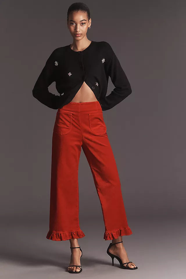 The Colette Crop Velvet Ruffle-Hem Pants by Maeve Size 26
