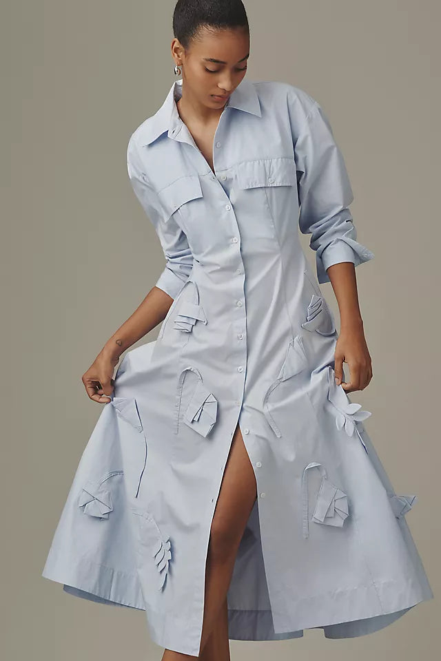 Maeve 3D Floral Long-Sleeve A-Line Shirt Dress Size M