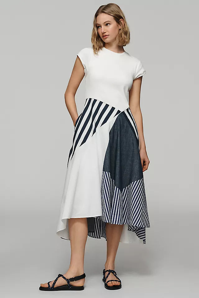 Maeve Twofer Patchwork Midi Dress - Blue/White - Size: Small