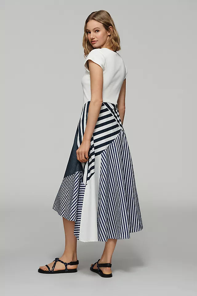 Maeve Twofer Patchwork Midi Dress - Blue/White - Size: Small