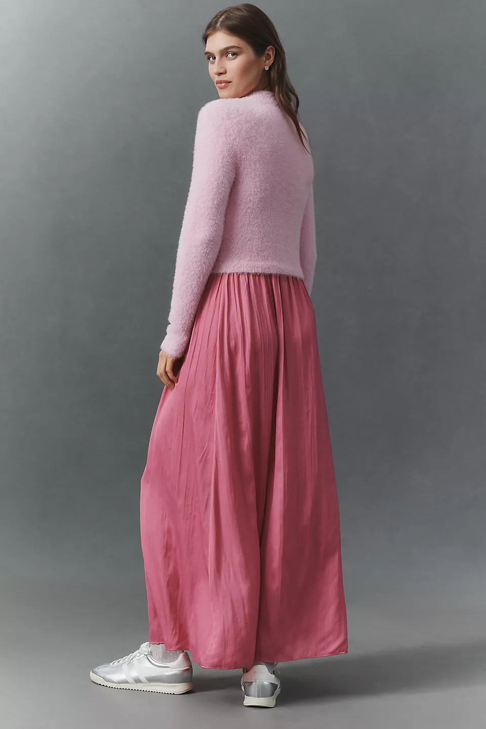 By Anthropologie (XS) The Thea Long-Sleeve Eyelash Twofer Sweater Dress-Pink