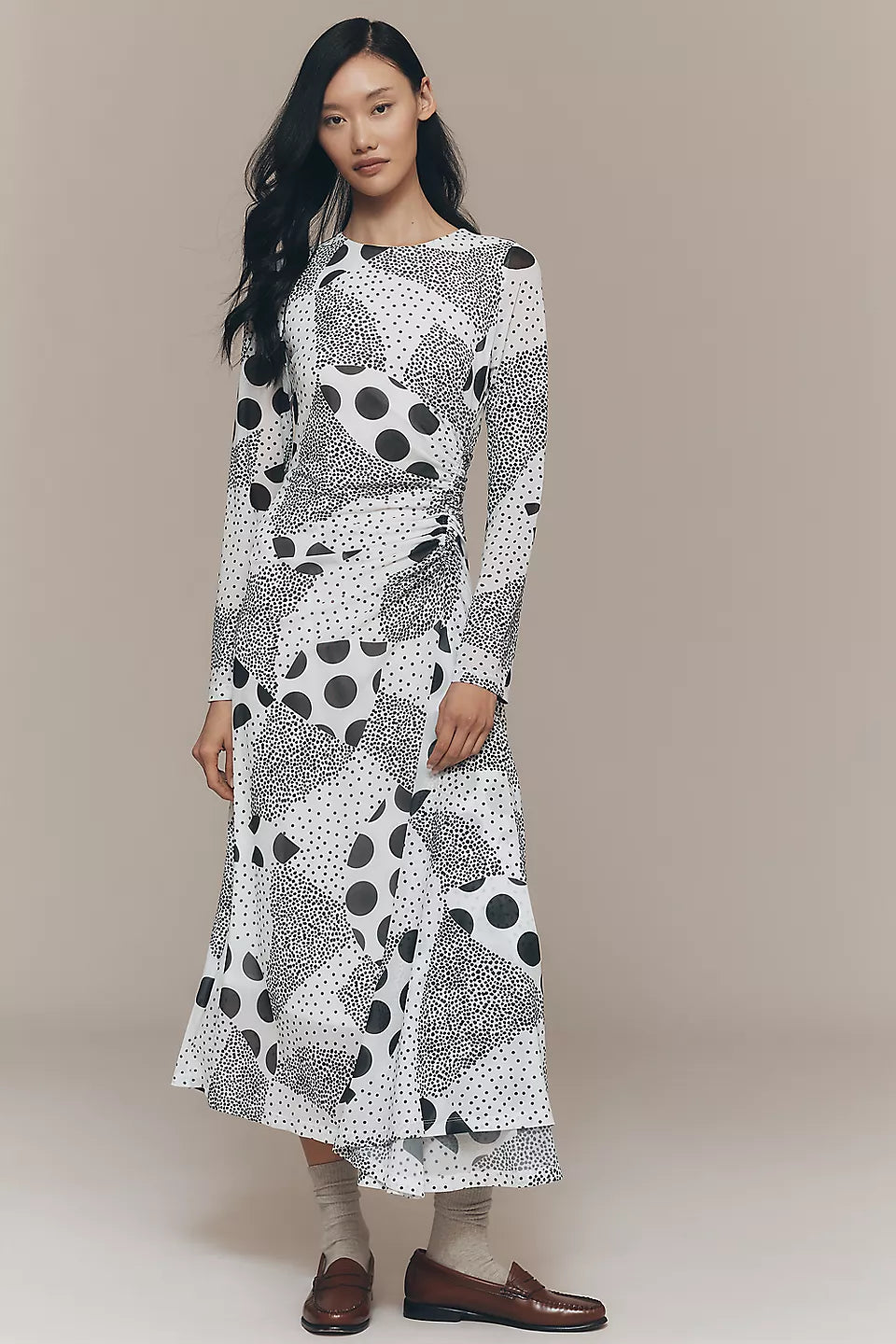 By Anthropologie Long-Sleeve Ruched Mesh Midi Dress Size: 1X Plus