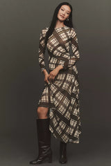 By Anthropologie Long-Sleeve Ruched Mesh Midi Dress Brown Plaid Size: L