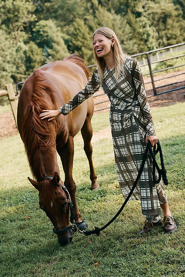 Long-Sleeve Ruched Mesh Midi Dress Size S