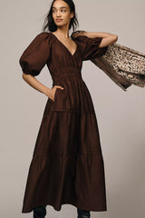 Maeve Smocked V-Neck Half-Sleeve Tiered Midi Dress Size: S