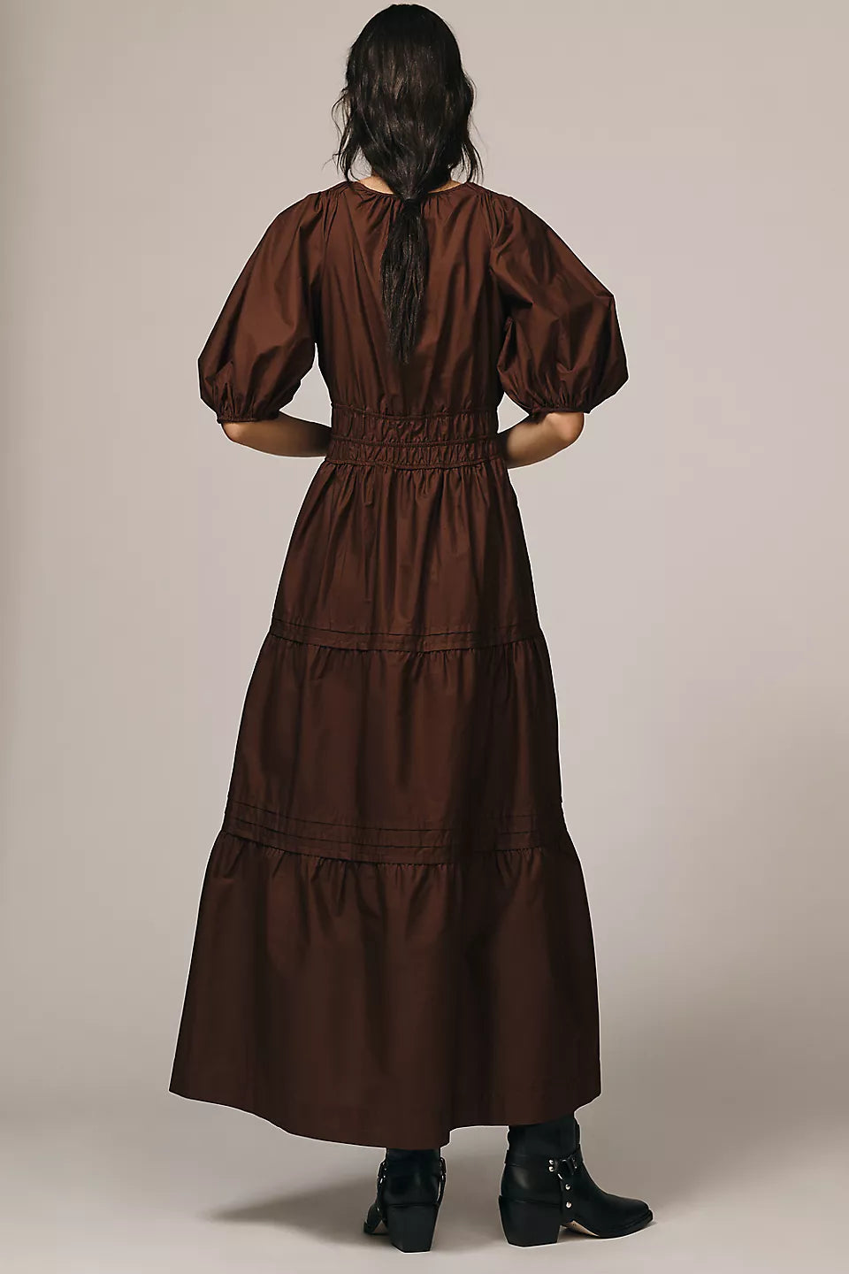 Maeve Smocked V-Neck Half-Sleeve Tiered Midi Dress Size: S