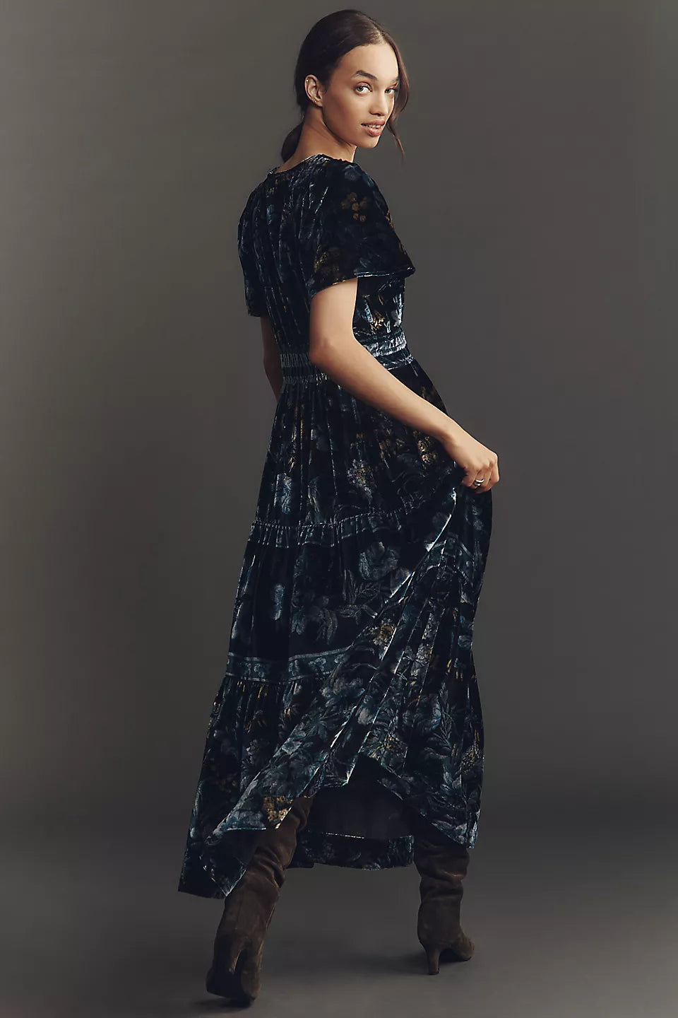 Anthropologie The Somerset Velvet Maxi Dress Dark Blue Size: S Petite