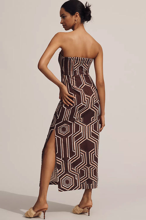 Anthropologie Strapless Linen Plunge-Neck Midi Dress - Brown and Cream