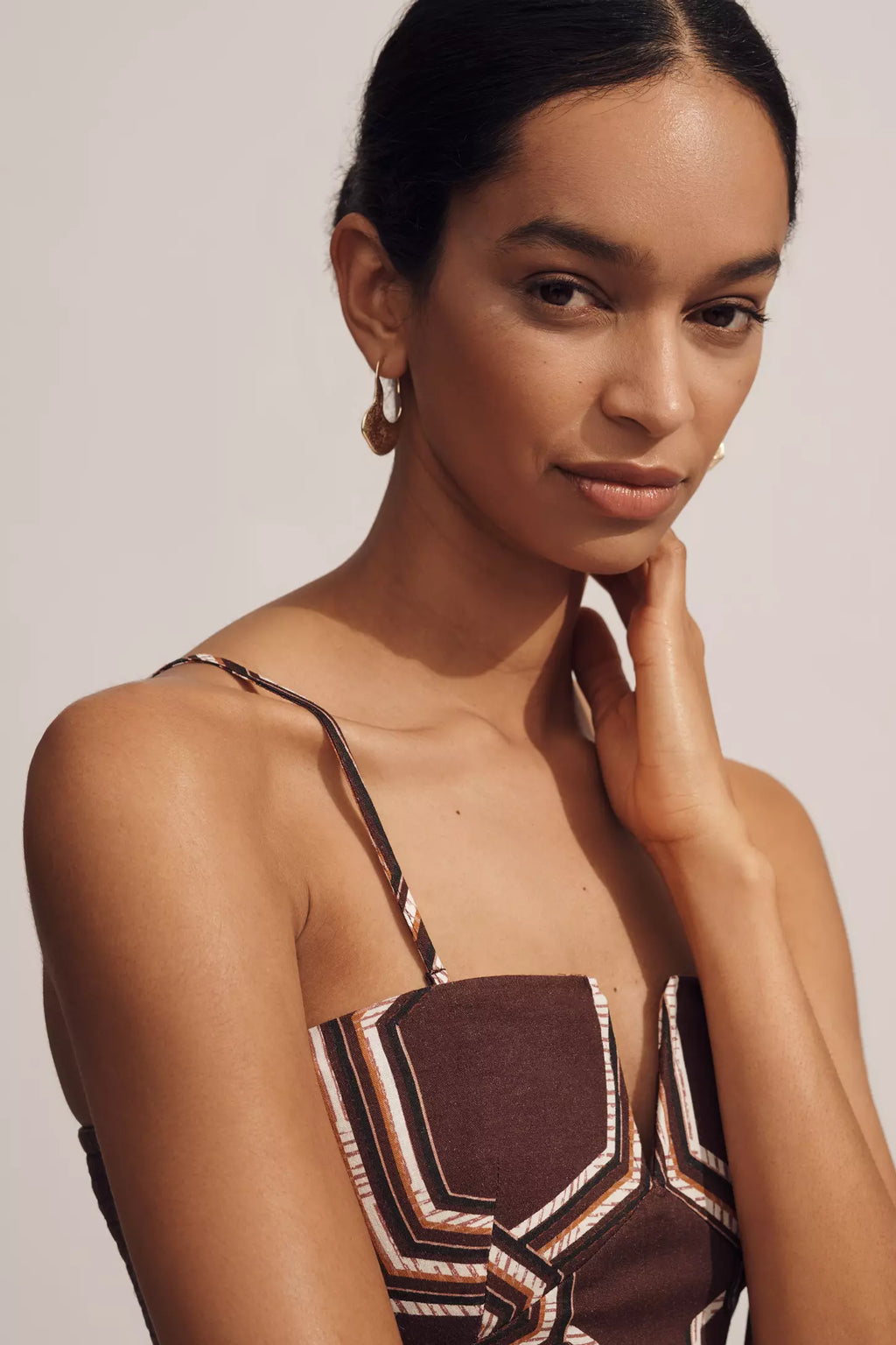 Anthropologie Strapless Linen Plunge-Neck Midi Dress - Brown and Cream