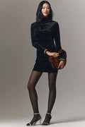 Maya Ruched Cowl-Neck Shine Cuff Mesh Mini Dress by Anthropologie - Black - Small