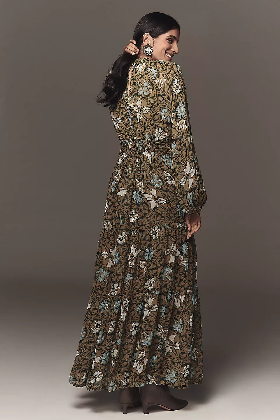 Anthropologie The Somerset Long-Sleeve Mock-Neck Chiffon Maxi Dress Green Floral Size: S Petite