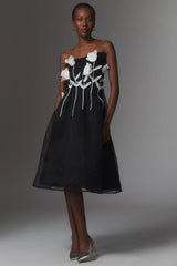 Maeve 3D Floral Strapless Midi Dress – Black & White – XS