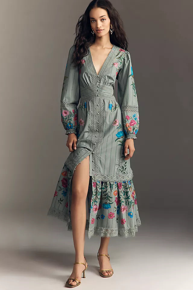 By Anthropologie Floral Button-Front Midi Dress Size L Petite
