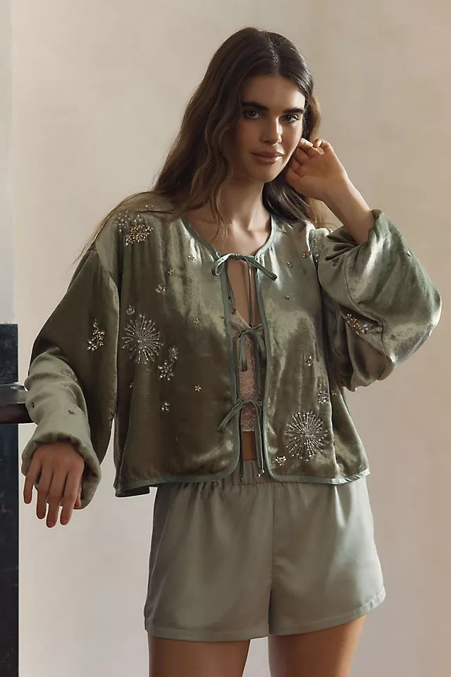 LyreBird Beaded Velvet Cropped Jacket by Anthropologie - Green - XS