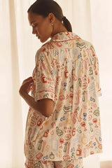 The Lyrebird Modaluxe Short Sleeve Pyjama Shirt by Anthropologie - Ivory Combo - Size L