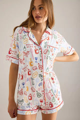 The Lyrebird Modaluxe Short Sleeve Pyjama Shirt by Anthropologie - Ivory Combo - Size L